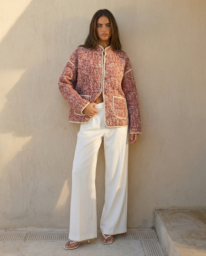 Pélagie Collet | Red Floral Quilted Zip-Up Jacket