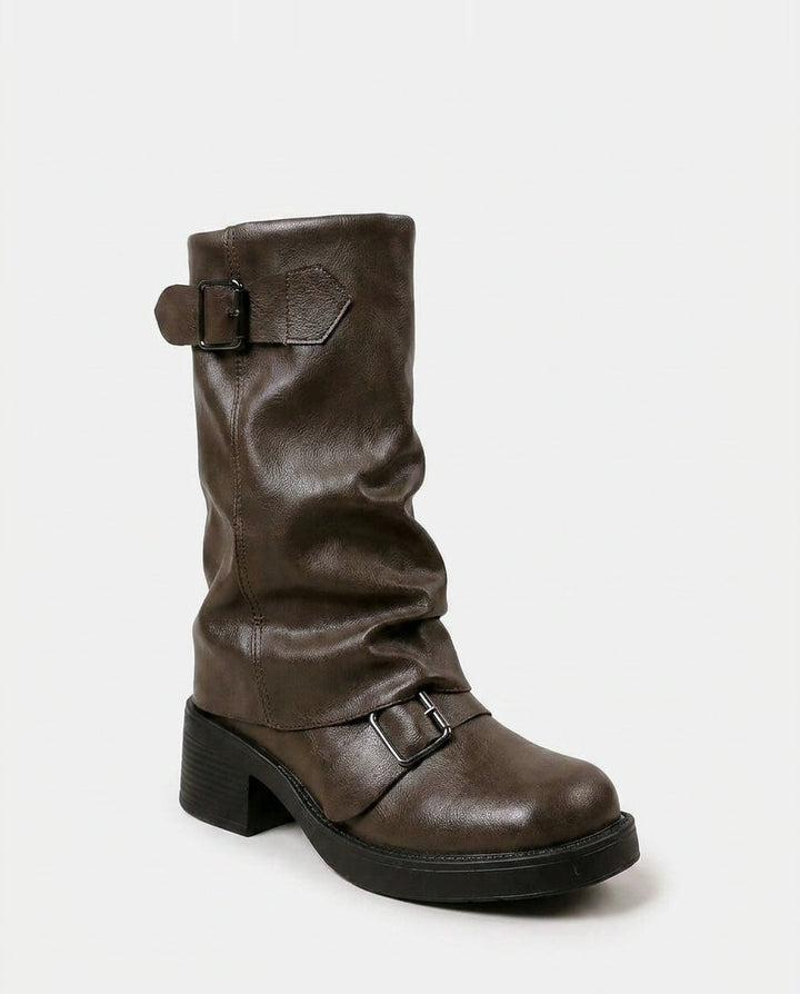 Astrée Dupré | Slouchy Buckle Strap Block Heel Mid-Calf Boots