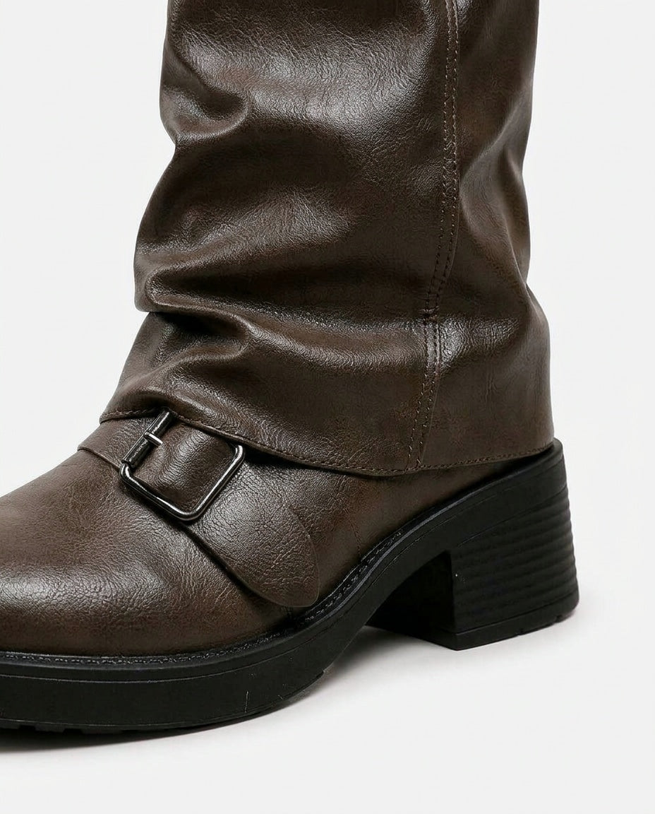 Astrée Dupré | Slouchy Buckle Strap Block Heel Mid-Calf Boots