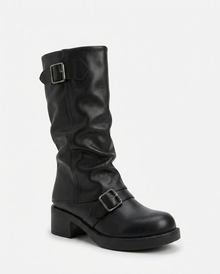 Astrée Dupré | Slouchy Buckle Strap Block Heel Mid-Calf Boots