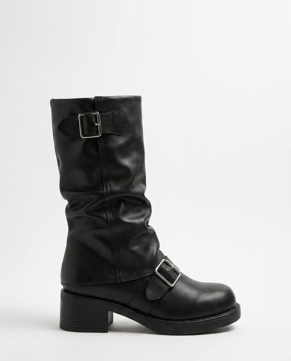 Astrée Dupré | Slouchy Buckle Strap Block Heel Mid-Calf Boots