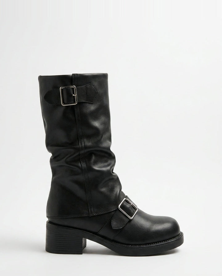 Astrée Dupré | Slouchy Buckle Strap Block Heel Mid-Calf Boots