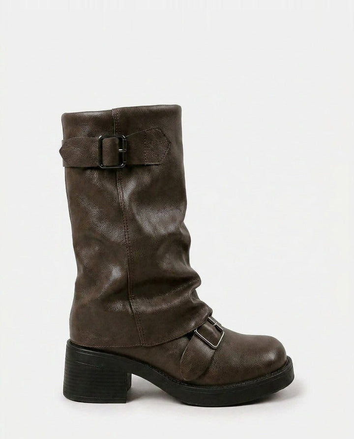 Astrée Dupré | Slouchy Buckle Strap Block Heel Mid-Calf Boots