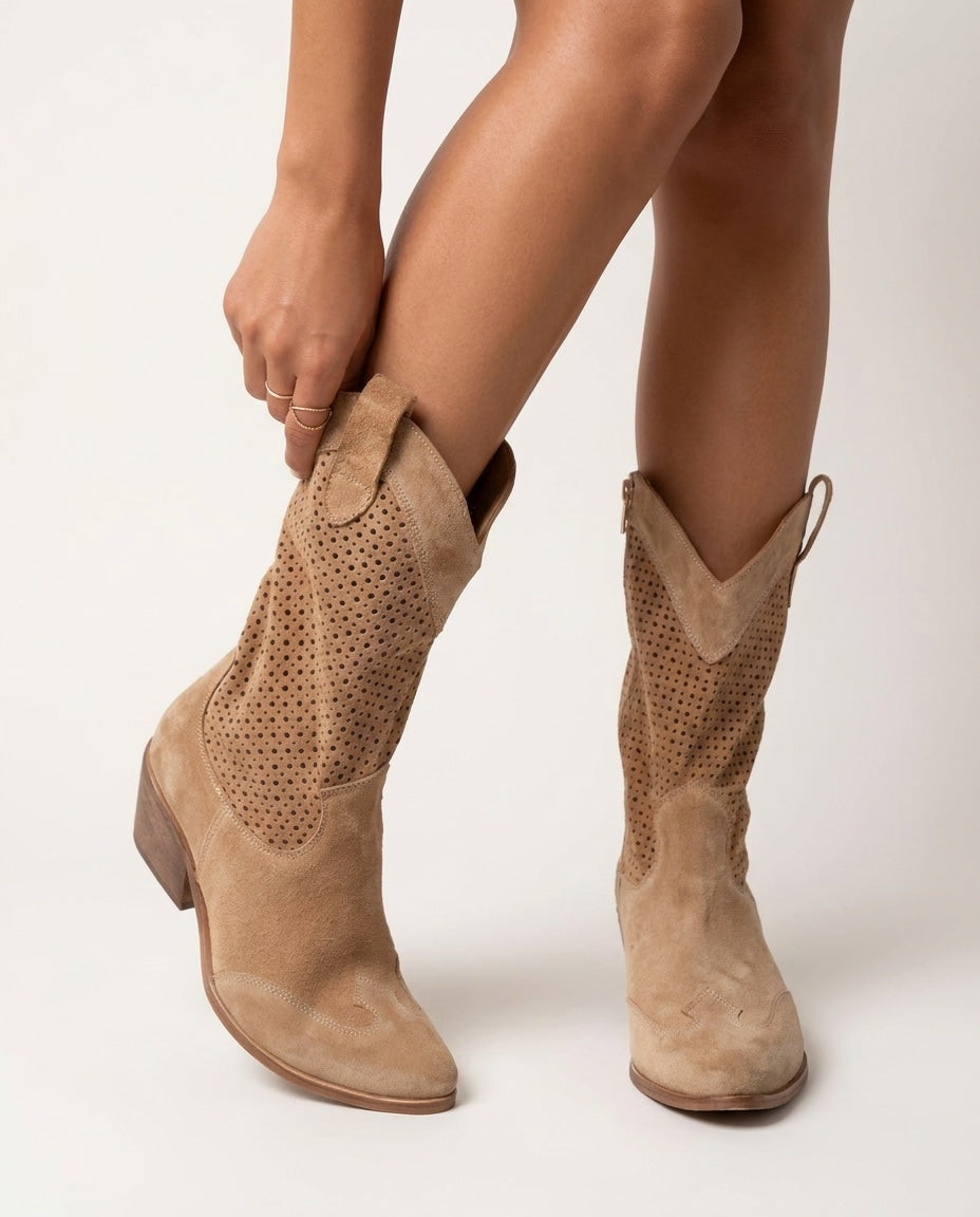 Victoire Bellac | Perforated Suede Western Boots