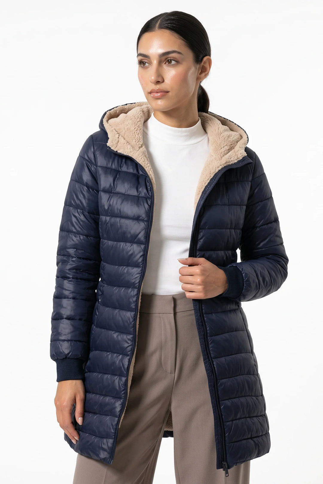 Perrine Beaulac | Women’s Winter Warm Fleece Lined Hooded Longline Puffer Coat