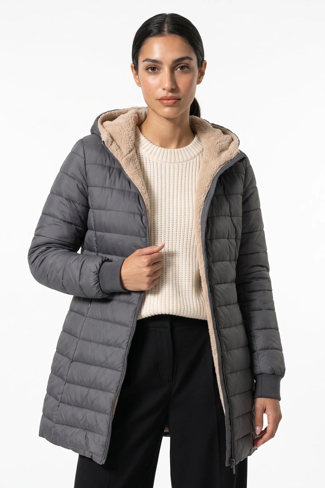 Perrine Beaulac | Women’s Winter Warm Fleece Lined Hooded Longline Puffer Coat