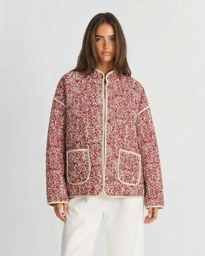 Pélagie Collet | Red Floral Quilted Zip-Up Jacket