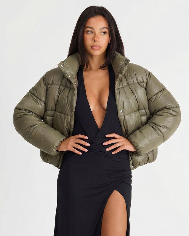 Éléa Merville | High Collar Quilted Cropped Puffer Jacket