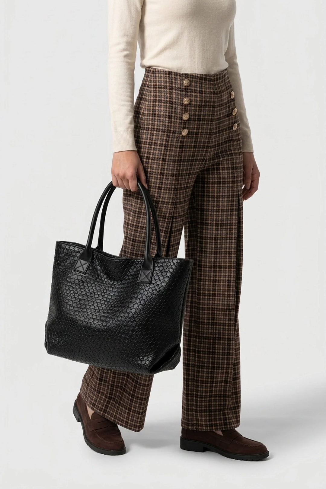 Honorine Delaunay | Women’s Spacious Woven Black Leather Tote Bag Large Shoulder Handles