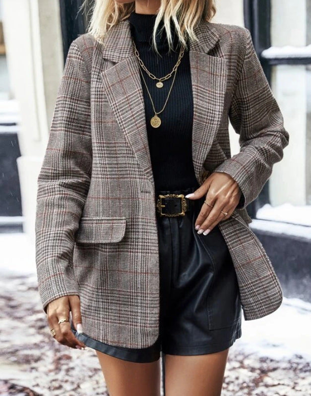 Jeanne Aubertin | Plaid Single-Button Blazer Jacket For Women