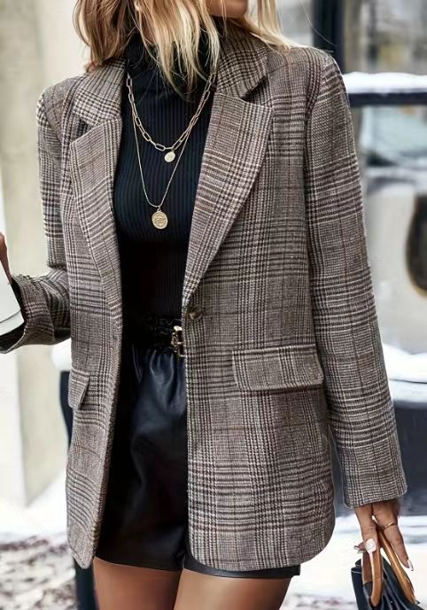 Jeanne Aubertin | Plaid Single-Button Blazer Jacket For Women