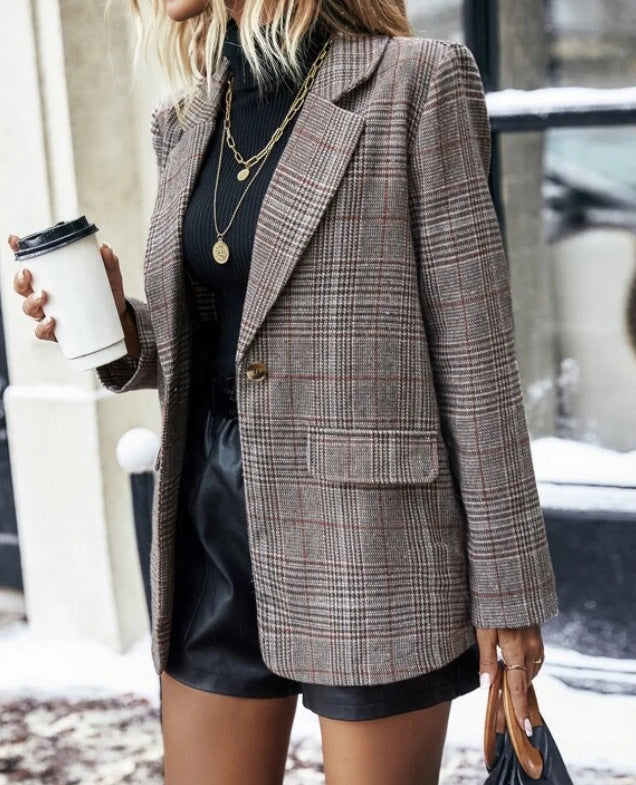 Jeanne Aubertin | Plaid Single-Button Blazer Jacket For Women