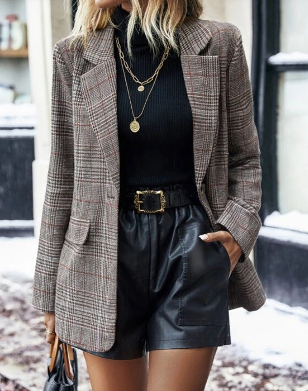 Jeanne Aubertin | Plaid Single-Button Blazer Jacket For Women