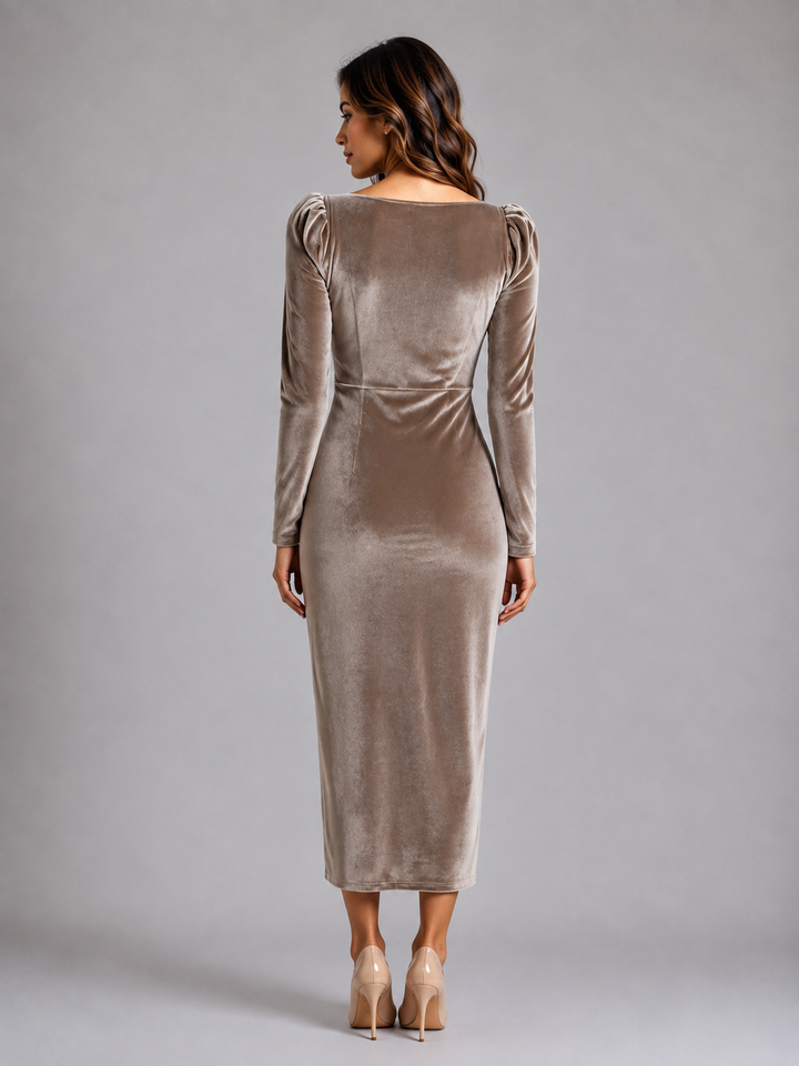 Sadie Chastain | Women’s Velvet Ruched Midi Dress with Gold-Tone Waist Detail – Long Sleeve Style