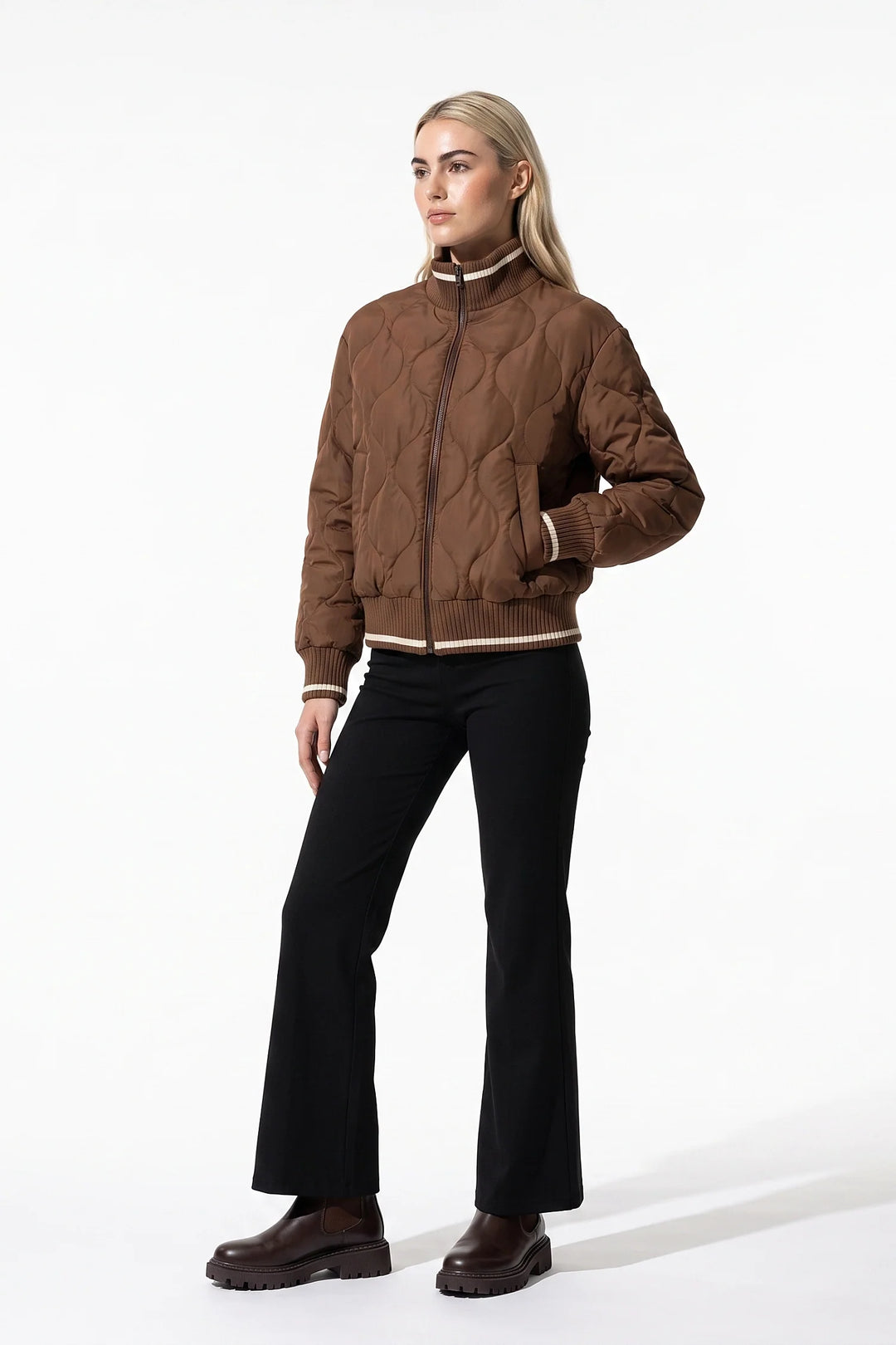 Raphaëlle Montciel | Women’s Winter Warm Quilted Bomber Jacket with Ribbed Stand Collar