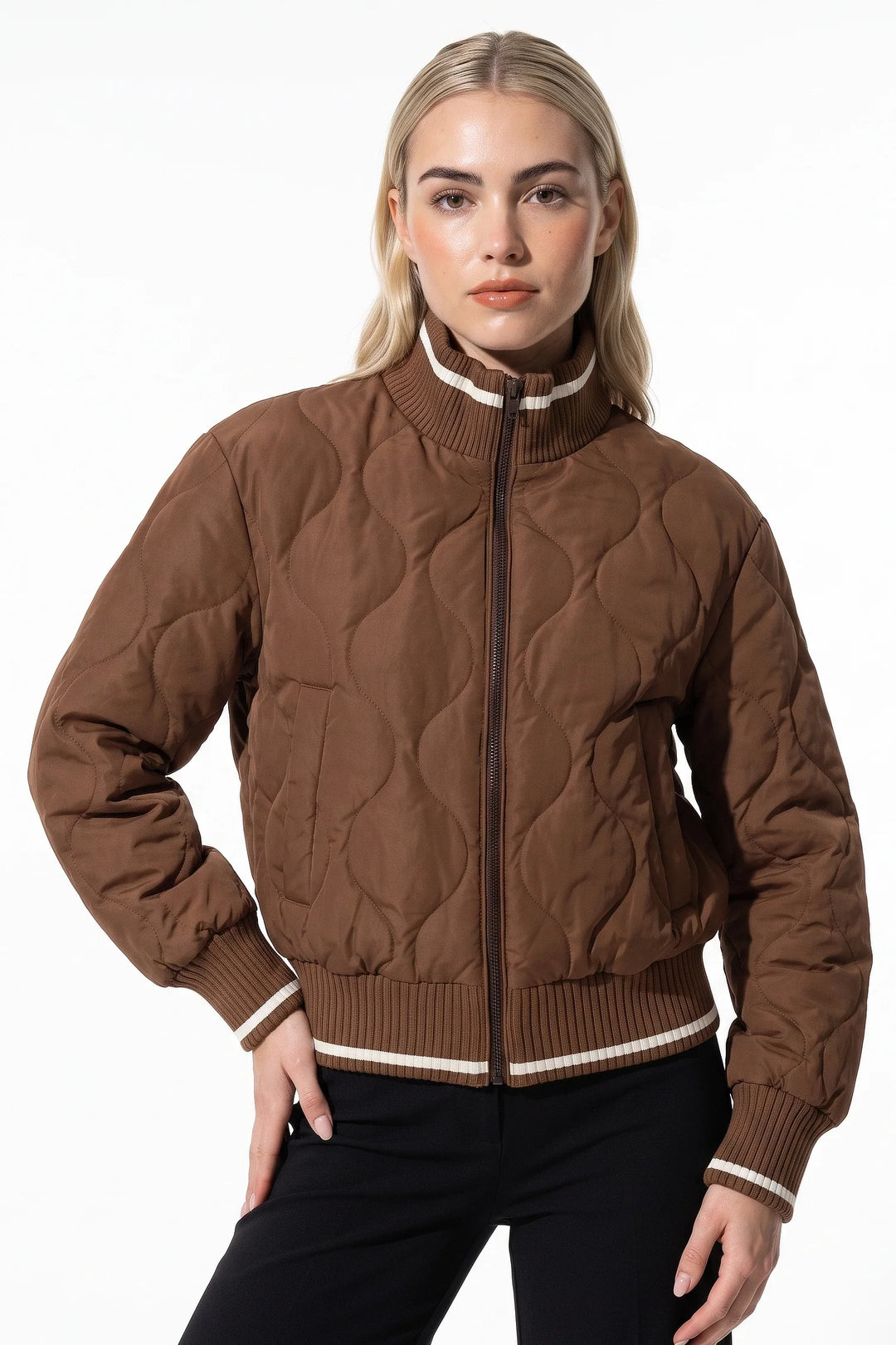 Raphaëlle Montciel | Women’s Winter Warm Quilted Bomber Jacket with Ribbed Stand Collar