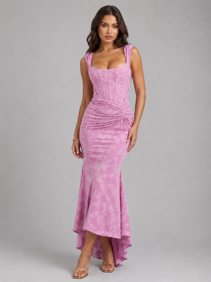 Inès Lefèvre | Women’s Floral Corset Maxi Dress with Asymmetrical Hem – Sculpted Silhouette