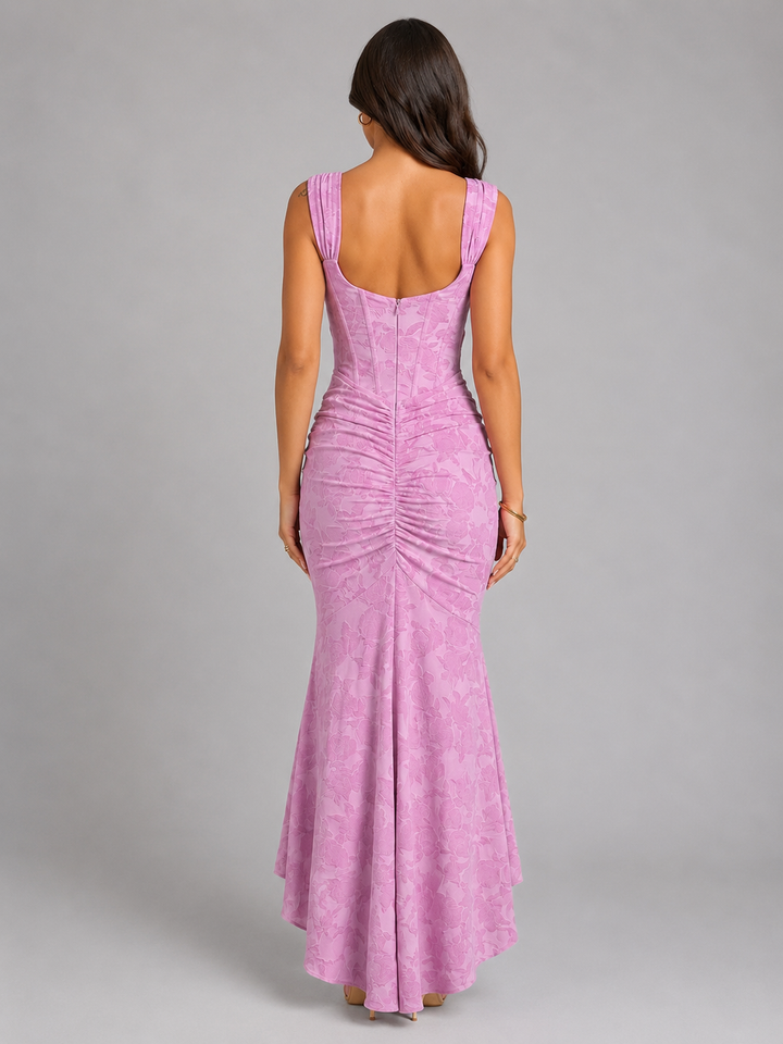 Inès Lefèvre | Women’s Floral Corset Maxi Dress with Asymmetrical Hem – Sculpted Silhouette