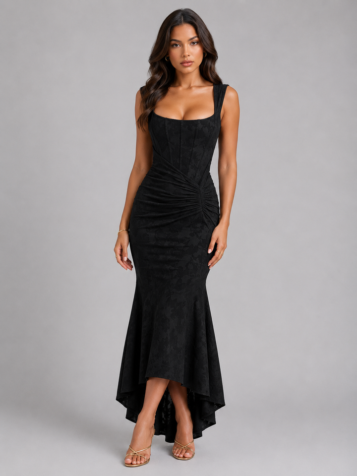 Inès Lefèvre | Women’s Floral Corset Maxi Dress with Asymmetrical Hem – Sculpted Silhouette