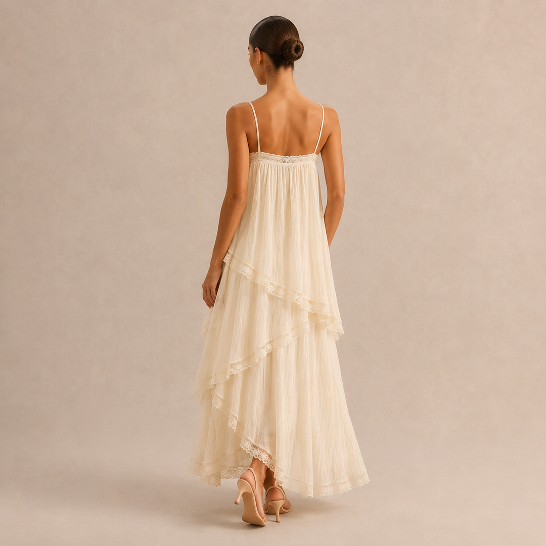 Emmanuelle Guyot | Tiered Chiffon Lace Trim Maxi Dress