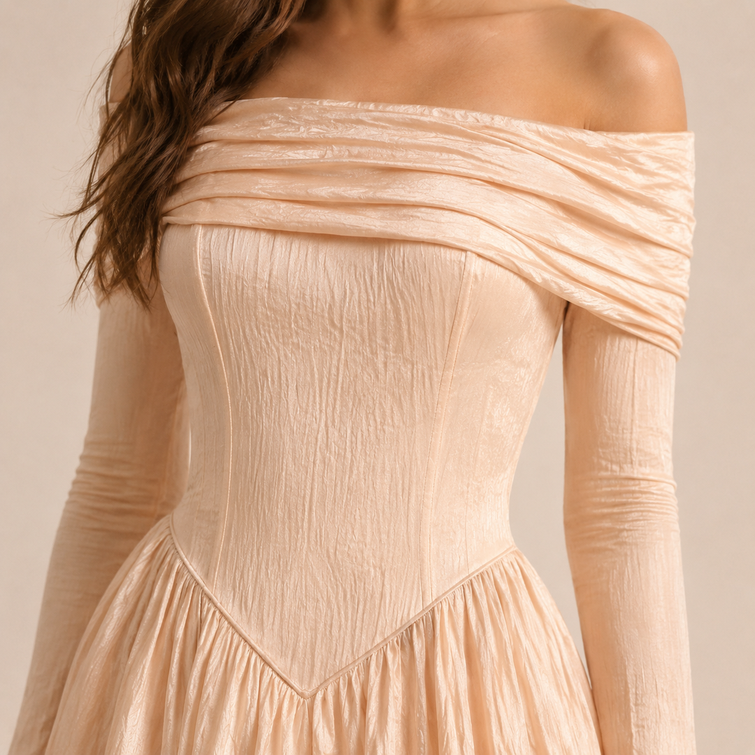 Armelle Rolland | Off Shoulder Corset Long Sleeve Fit &amp; Flare Mini Dress