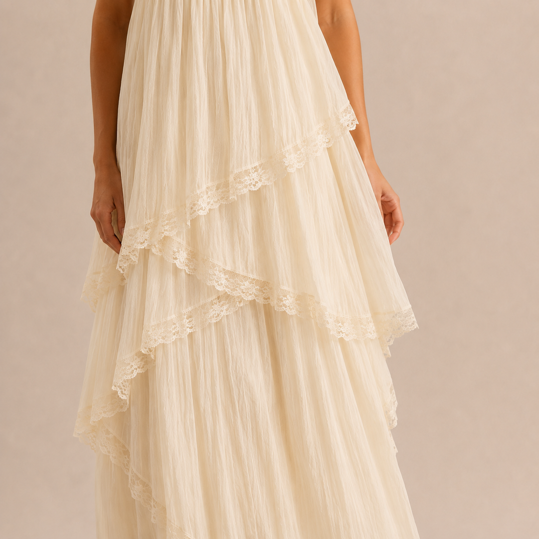 Emmanuelle Guyot | Tiered Chiffon Lace Trim Maxi Dress
