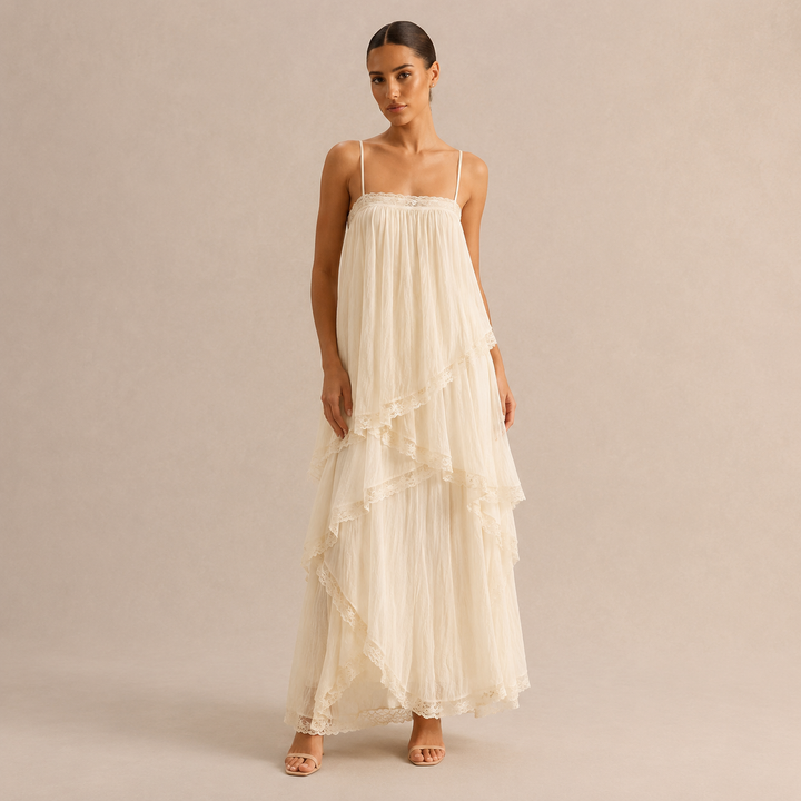 Emmanuelle Guyot | Tiered Chiffon Lace Trim Maxi Dress