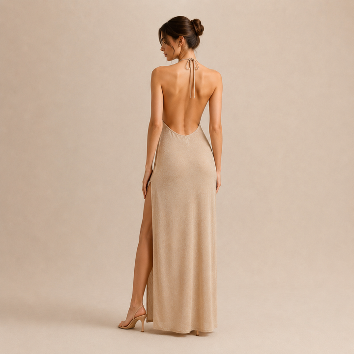 Isabeau Renault | Halter Neck Backless Thigh Slit Maxi Dress