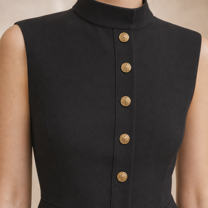 Maëlys Cousin | Sleeveless High Neck Gold Button Mini Dress