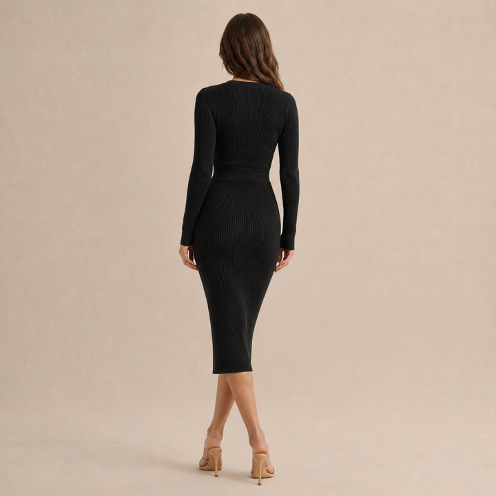 Brune Pelletier | Ribbed Knit Wrap V-Neck Long Sleeve Midi Dress