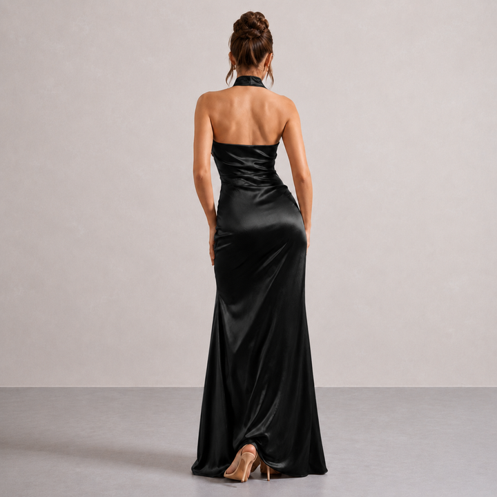 Salomé Rocher | Ruched Halter Satin High-Slit Maxi Dress