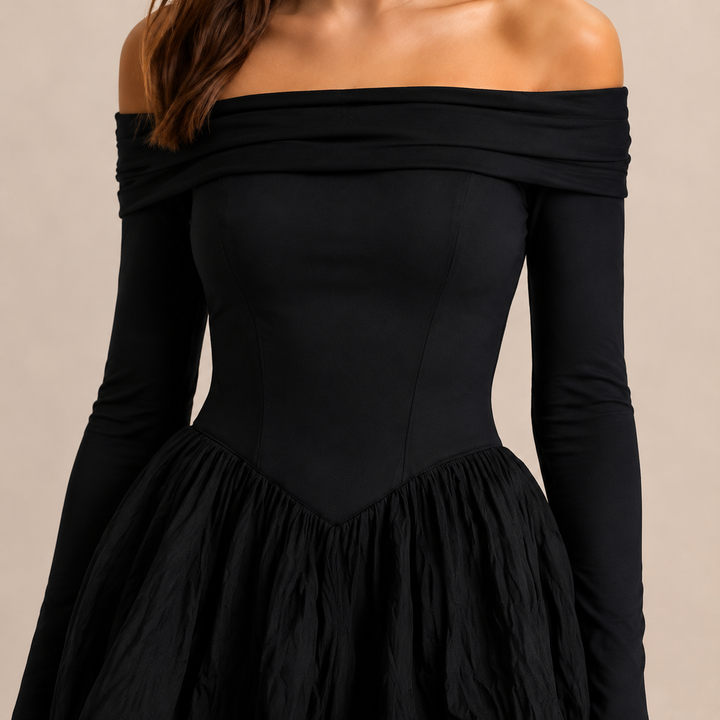 Armelle Rolland | Off Shoulder Corset Long Sleeve Fit &amp; Flare Mini Dress