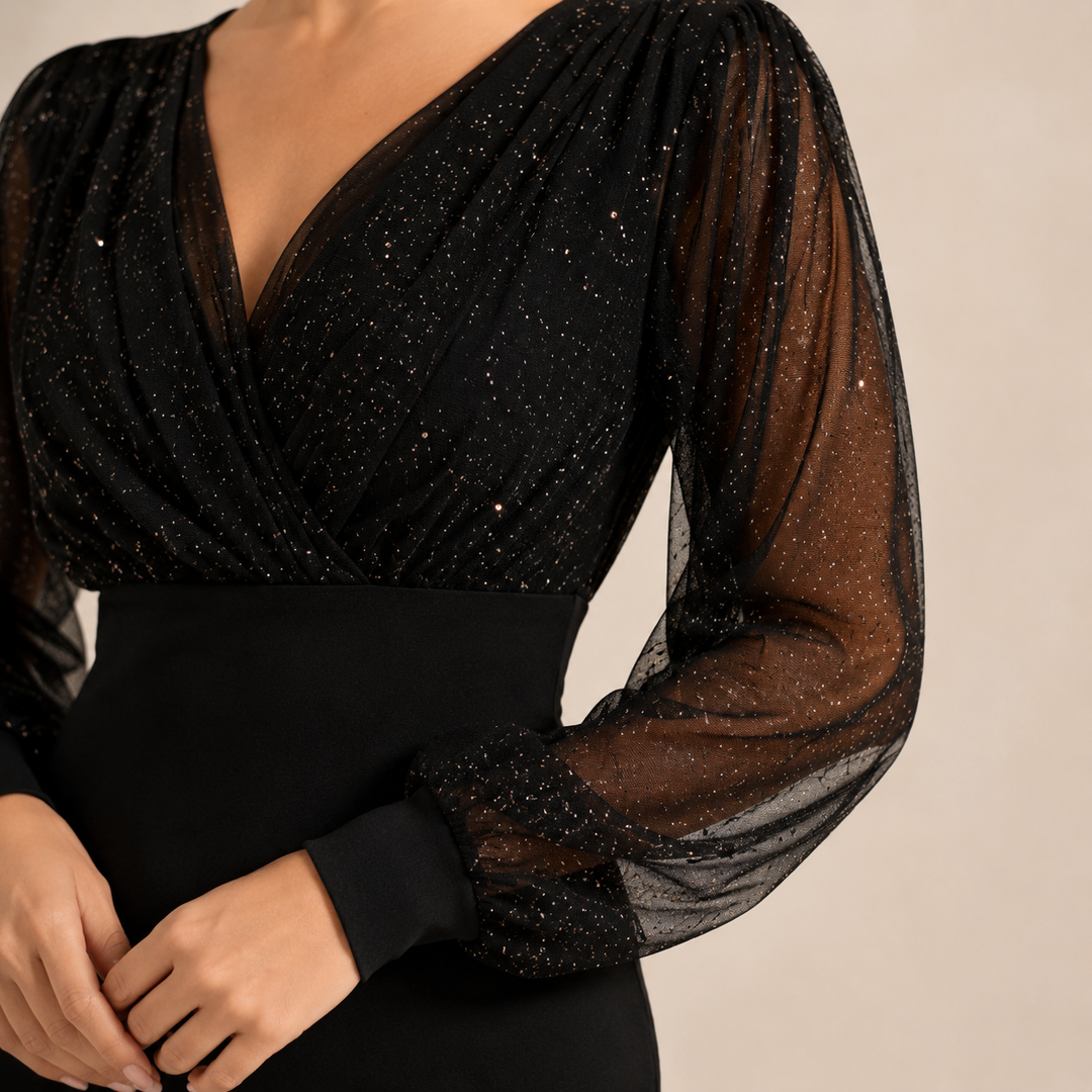 Félicie Legros | Glitter Mesh V-Neck Long Sleeve Bodycon Mini Dress