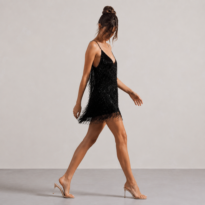 Théa Huet | Beaded Fringe V-Neck Mini Cocktail Dress