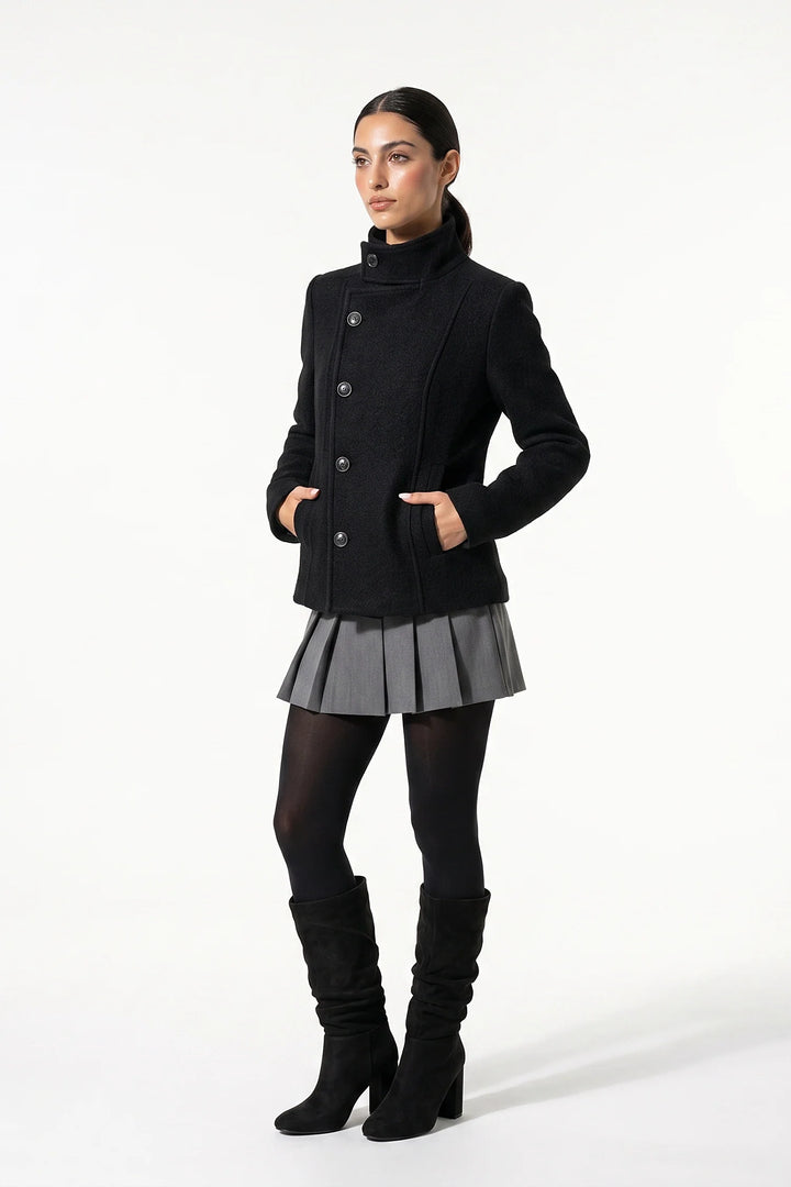 Nolwenn Valroy | Women’s Winter Warm Asymmetric Button Black Short Coat with High Collar