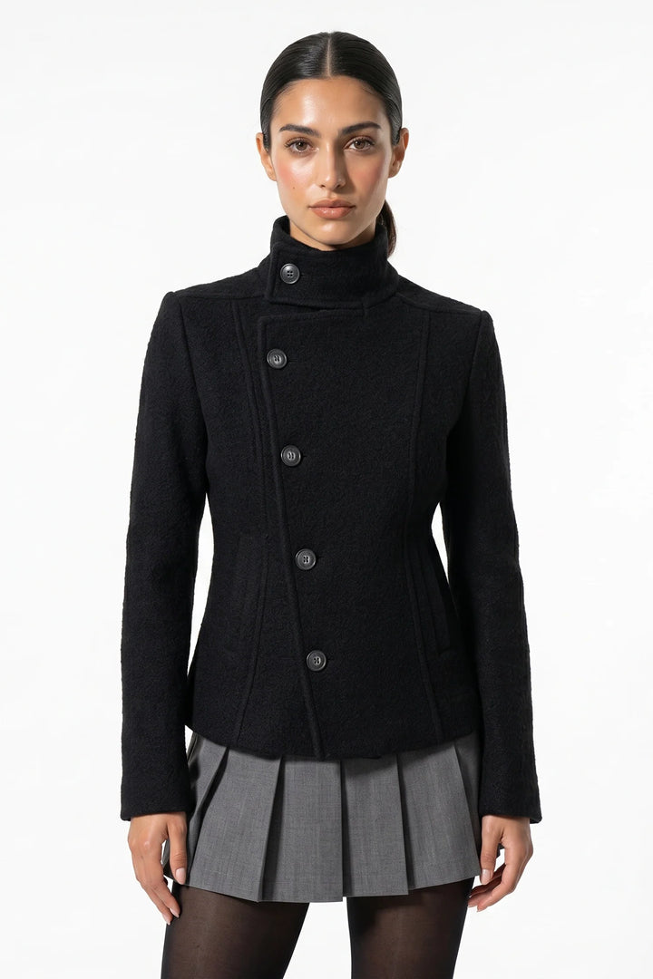 Nolwenn Valroy | Women’s Winter Warm Asymmetric Button Black Short Coat with High Collar