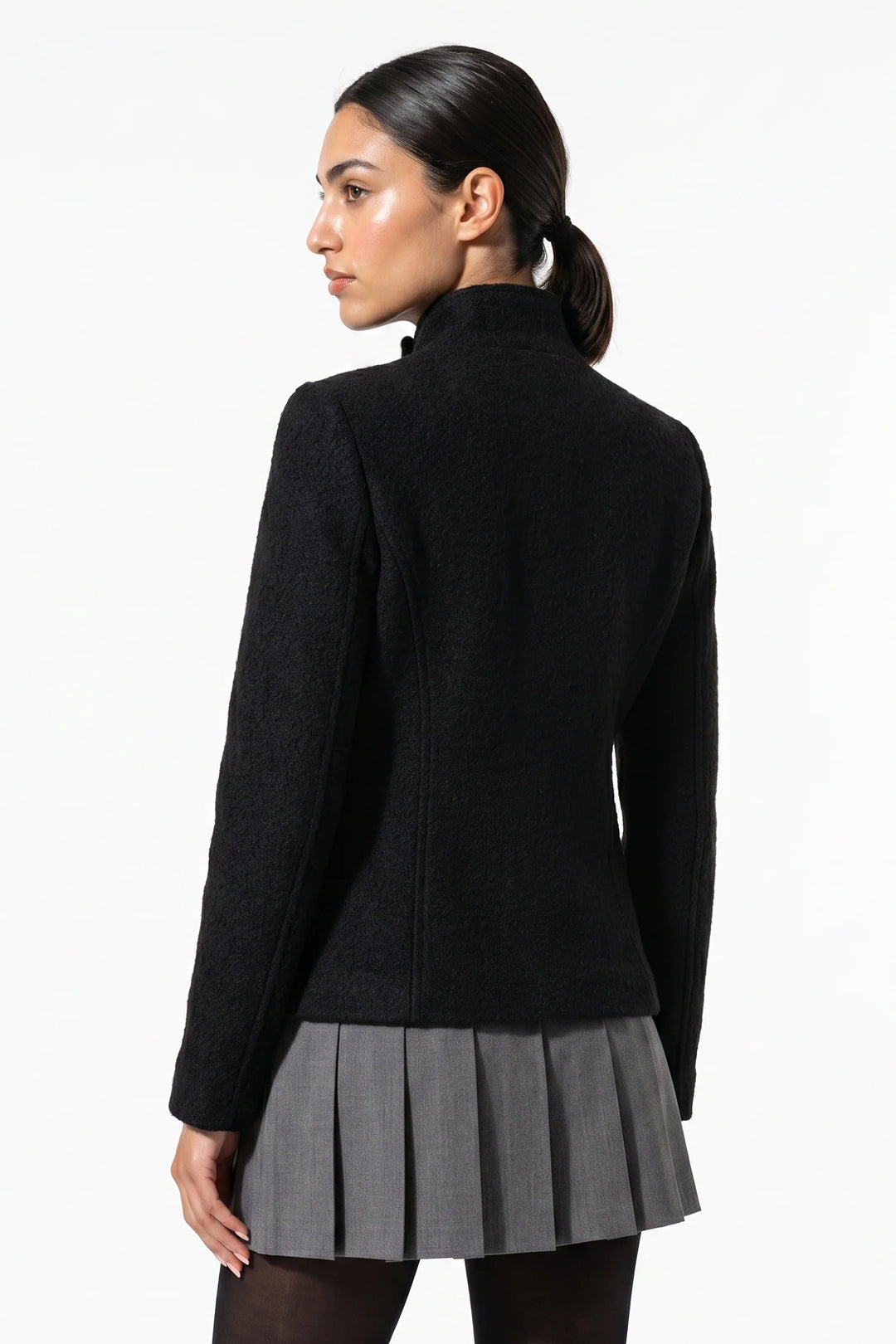 Nolwenn Valroy | Women’s Winter Warm Asymmetric Button Black Short Coat with High Collar