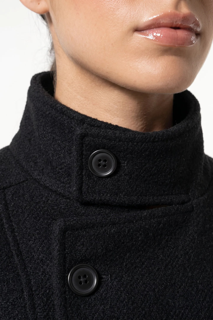 Nolwenn Valroy | Women’s Winter Warm Asymmetric Button Black Short Coat with High Collar
