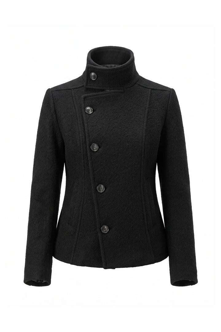 Nolwenn Valroy | Women’s Winter Warm Asymmetric Button Black Short Coat with High Collar