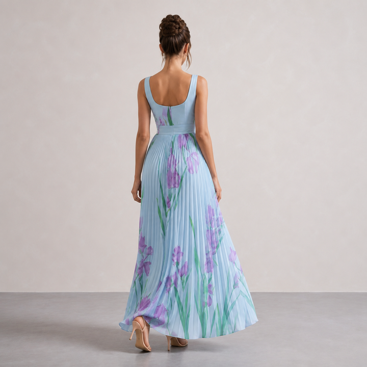 Éléonore Leduc | Floral Print Pleated Square Neck Maxi Dress