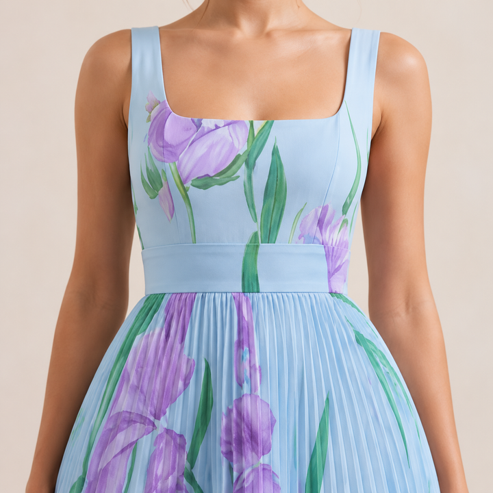 Éléonore Leduc | Floral Print Pleated Square Neck Maxi Dress