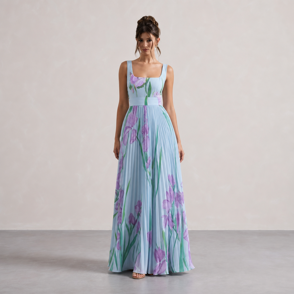 Éléonore Leduc | Floral Print Pleated Square Neck Maxi Dress