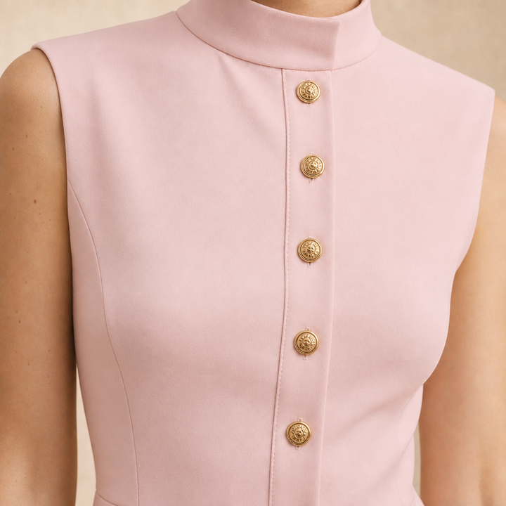 Maëlys Cousin | Sleeveless High Neck Gold Button Mini Dress