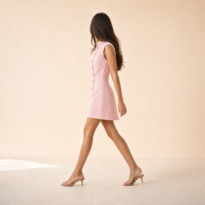 Maëlys Cousin | Sleeveless High Neck Gold Button Mini Dress