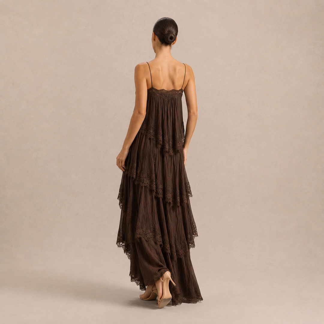 Emmanuelle Guyot | Tiered Chiffon Lace Trim Maxi Dress