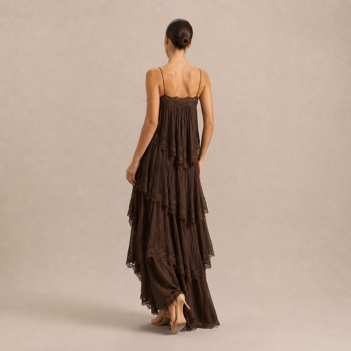 Emmanuelle Guyot | Tiered Chiffon Lace Trim Maxi Dress