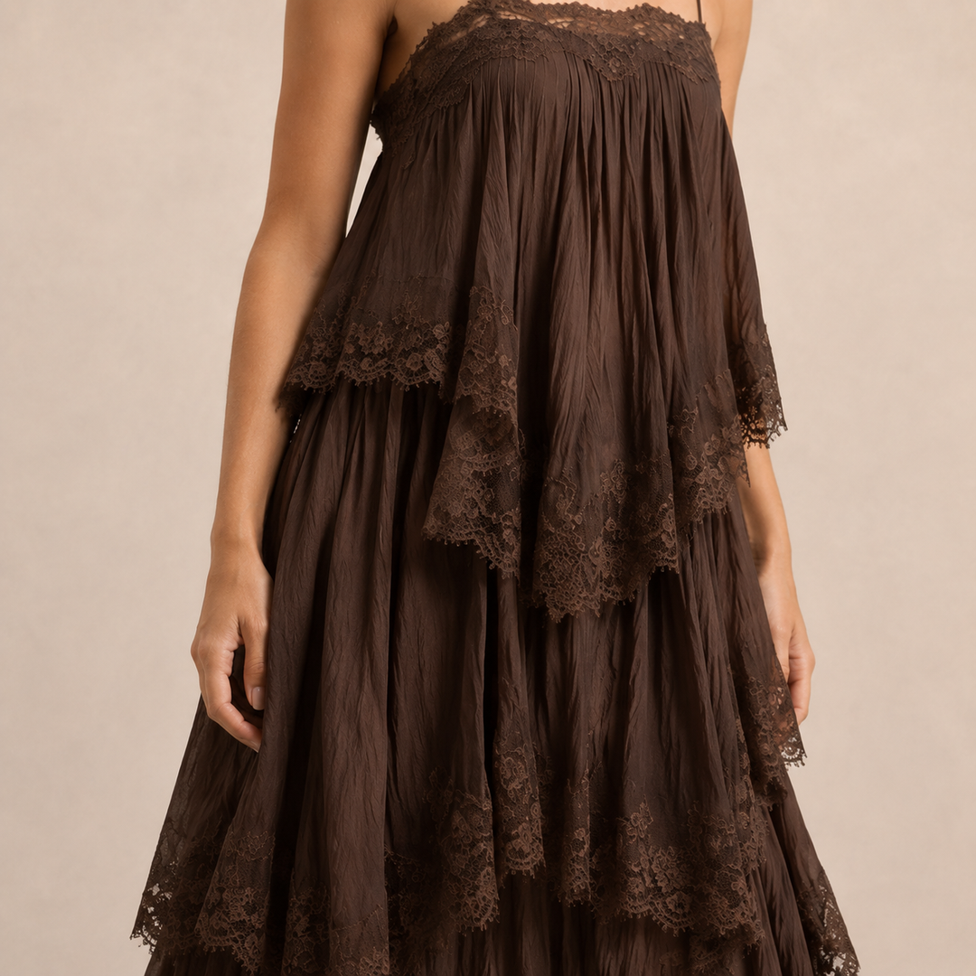 Emmanuelle Guyot | Tiered Chiffon Lace Trim Maxi Dress