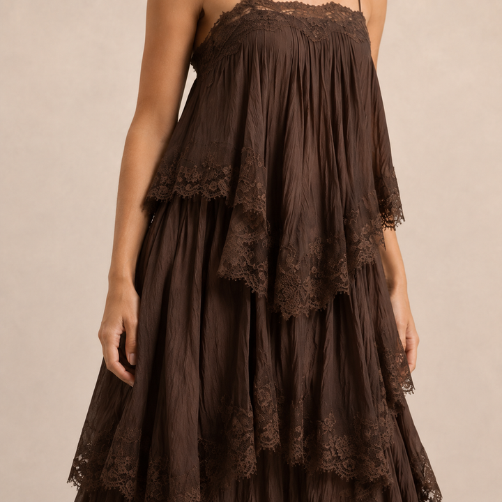 Emmanuelle Guyot | Tiered Chiffon Lace Trim Maxi Dress
