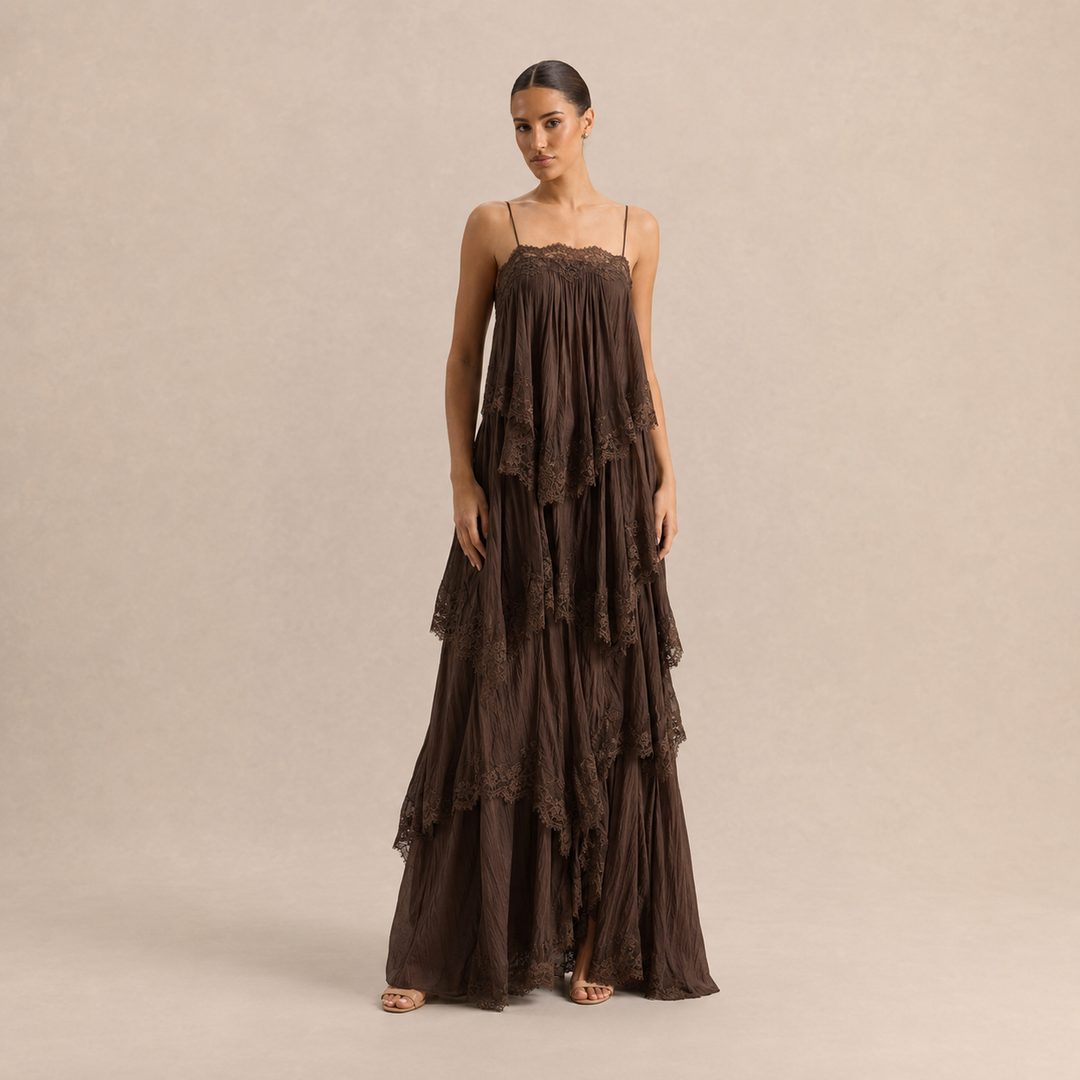 Emmanuelle Guyot | Tiered Chiffon Lace Trim Maxi Dress