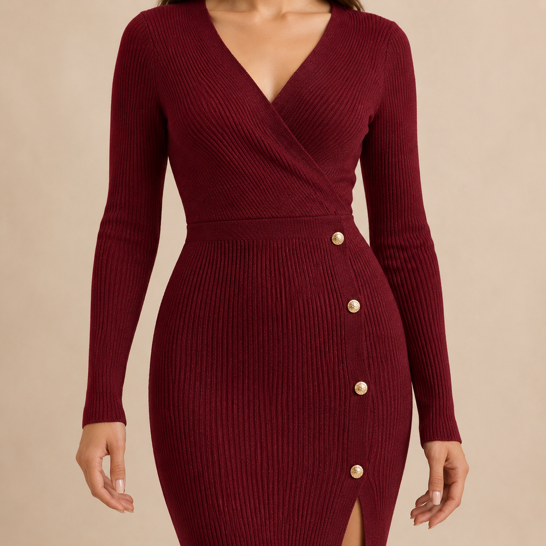 Brune Pelletier | Ribbed Knit Wrap V-Neck Long Sleeve Midi Dress